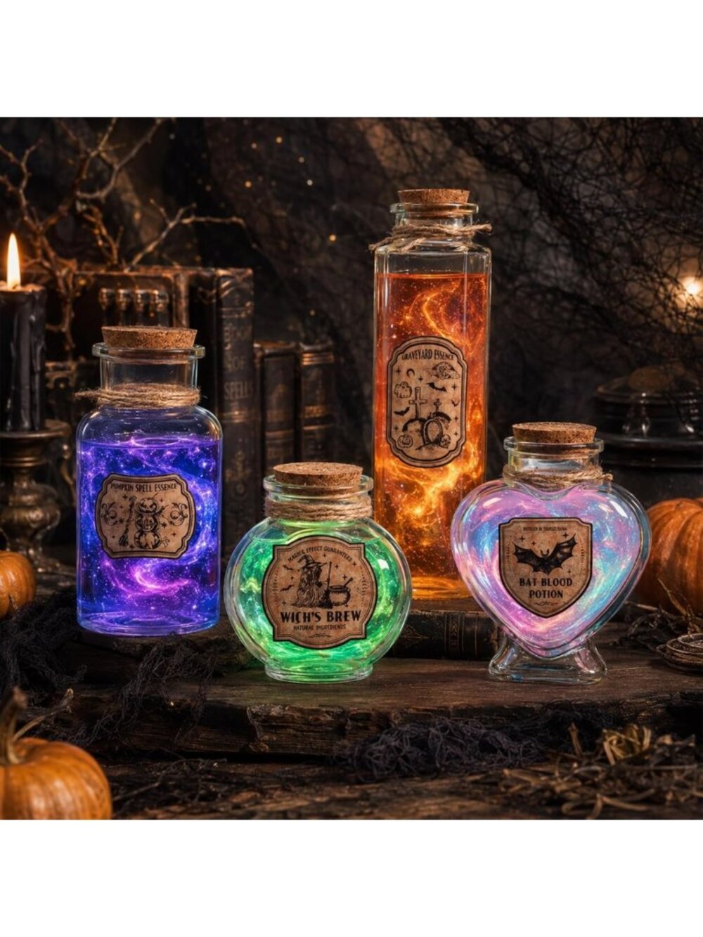 Halloween Apothecary Jars Set - 4 Glass Bottles with Cork & Labels for Spooky